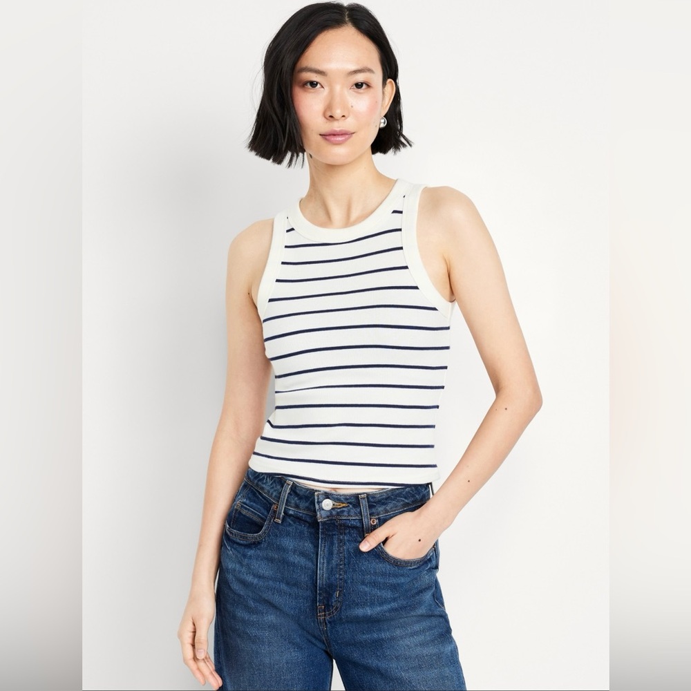 perfect white tee Blue and Cream Striped Ribbed Tank Top - NWOT